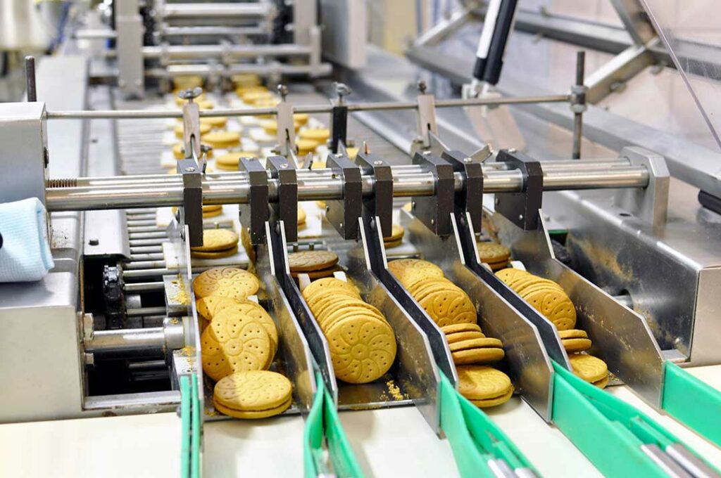 conveyor belt with biscuits in a food factory