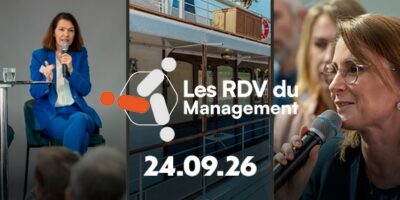 Visuel annonçant « Les RDV du Management – 24.09.26 », avec des interventions en conférence : une personne sur scène et une autre prenant la parole avec un micro.